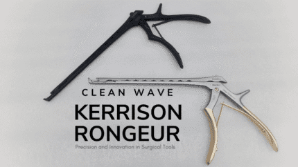Two Kerrison rongeur surgical tools are displayed on a light surface, one black and one silver, with the text CLEAN WAVE KERRISON RONGEUR Precision and Innovation in Surgical Tools beneath them.