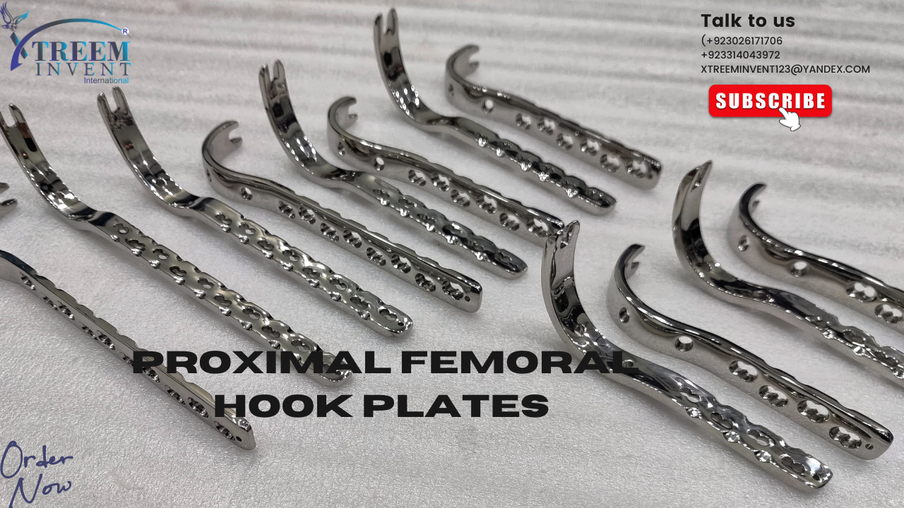 "Proximal Femoral Hook Plate designed for femoral fracture fixation, featuring durable materials and precision engineering for orthopedic surgery."