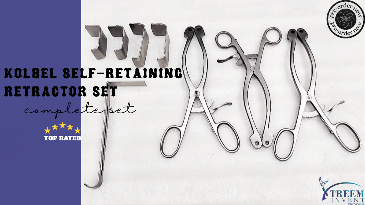 Kolbel self-retaining retractor set with various blades and arms arranged on a sterile surface