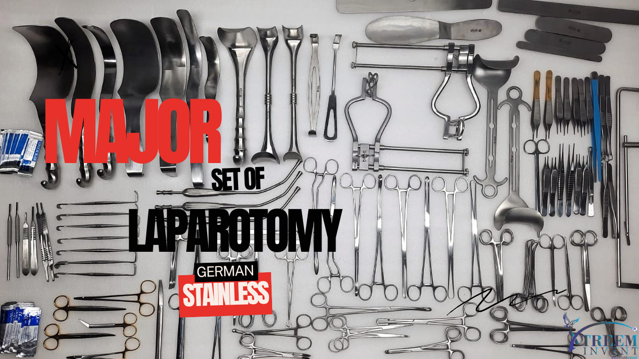 Major laparotomy set with various surgical instruments arranged on a sterile surface