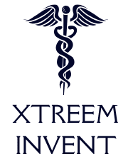 A dark blue caduceus symbol, featuring two snakes wrapped around a winged staff, appears above the words XTREEM INVENT in bold capital letters.