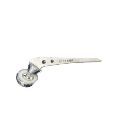 A rotary cutter with a 44mm blade and silver handle is equipped with a precise circular blade, similar to the one used in the Orthopedic Bipolar Hip Replacement Implant.