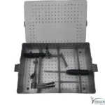 Cloward cervical retractor instrument kit inside open perforated sterilization tray by Xtreem Invent