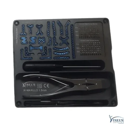 Cranio Maxillofacial implant system kit with blue titanium 1.5mm plating system screws and forceps by Xtreem Invent