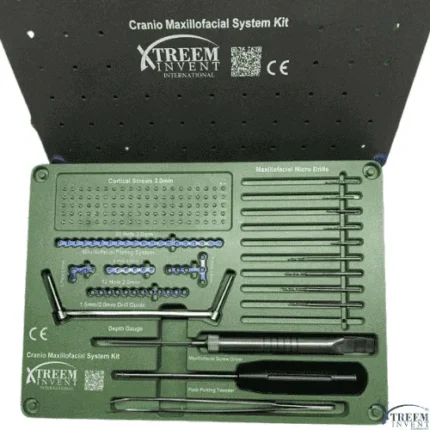 Close-up view of Cranio Maxillofacial System Kit showing titanium plates cortical screws and surgical drills by Xtreem Invent
