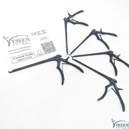 Group layout of five black coated detachable Kerrison rongeur instruments with quality insert card by Xtreem Invent