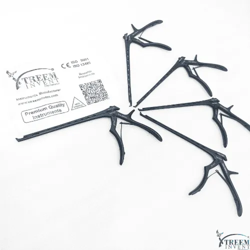 Detachable Kerrison Rongeur Set | Multi-Size Surgical Pack Group layout of five black coated detachable Kerrison rongeur instruments with quality insert card by Xtreem Invent