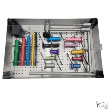 Open surgical tray of intramedullary nail targeting instrument set with multi colored protection sleeves by Xtreem Invent