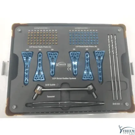 Orthopedic LCP distal radius implant kit with titanium volar locking plates and surgical screws by Xtreem Invent