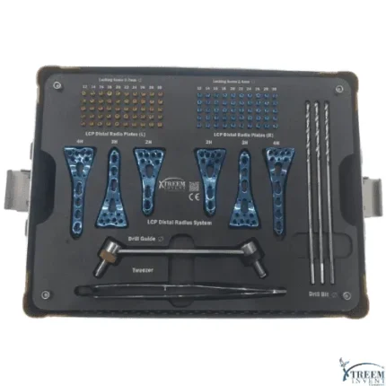 LCP Distal Radius System Kit tray showing volar locking plates locking screws and surgical drill bits by Xtreem Invent