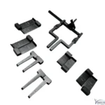 Top-down layout of McCulloch lumbar retractor system frame modular black blades and specialized hooks by Xtreem Invent