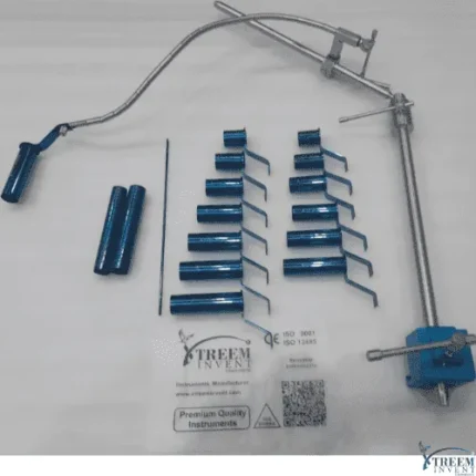 Blue anodized MIS tubular retractor surgical tubes and articulated table fixator arm by Xtreem Invent