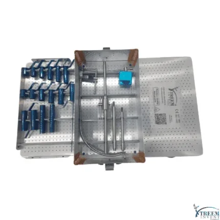 Full surgical tray of MIS tubular retractor system kit with anodized blue spine surgery tubes and instrumentation by Xtreem Invent