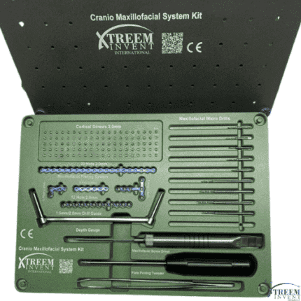 The Cranio Maxillofacial Implant System Kit – Precision Surgical Solution includes labeled surgical tools—screws, plates, screwdrivers, and a micro drill—all neatly organized in a green Xtreem Invent International case.