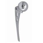 The Orthopedic Bipolar Hip Replacement Implant is metallic, with a rounded ball at the top and a long, slightly curved stem that has holes along its length.