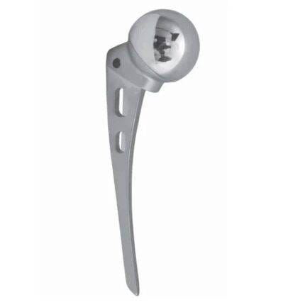 The Orthopedic Bipolar Hip Replacement Implant is metallic, with a rounded ball at the top and a long, slightly curved stem that has holes along its length.