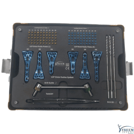 The Orthopedic Implants Sets – Multi-Direction Radius Distal Locking Plates and Screws Set features metal plates, screws, drill bits, a guide, tweezers, and a handle in a foam-lined tray for advanced surgical procedures.