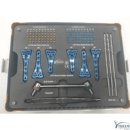 The Orthopedic Implants Sets – Multi-Direction Radius Distal Locking Plates and Screws Set includes blue plates, screws, drill bits, a guide, and tweezers organized in a labeled tray for the LCP distal radius system by Xtreem.