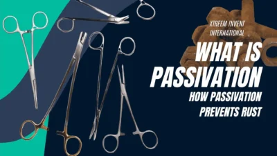 Stainless steel surgical instruments on a blue background contrasted with rusted metal bolts to illustrate the importance of passivation.