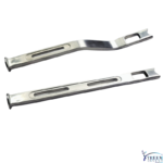 Two stainless steel medical retractors with slotted handles on a white background, shown diagonally apart.