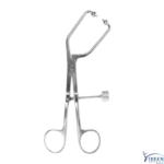 Gynecological speculum with scissor handles and adjustable screw on a white background, stainless steel medical instrument
