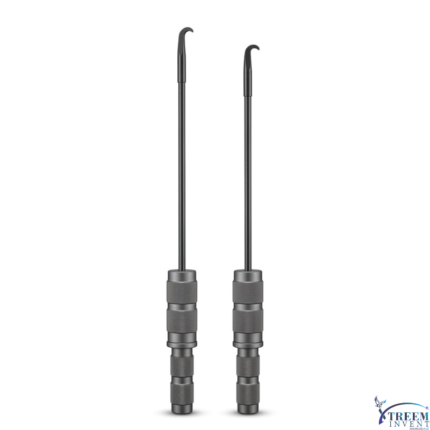 Two matte-finish stainless steel Xtreem orthopedic nerve or bone probe hooks with sharp curved tips and textured cylindrical handles, isolated on a white background.
