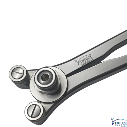 Close-up of the high-precision triple-screw pivoting joint mechanism of Xtreem stainless steel surgical pliers with a visible laser-engraved logo and lot number.