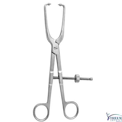 Stainless steel Xtreem orthopedic bone reduction forceps with sharp pointed tips, ring handles, and a threaded spin-lock screw mechanism, isolated on a white background.