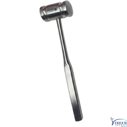 Heavy-duty stainless steel Xtreem orthopedic bone mallet hammer with a solid cylindrical head and a flat ergonomic handle, isolated on a white background.