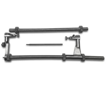 Modular precision parallel guide system with adjustable mounts and a fine pointer rod on a clean white background.