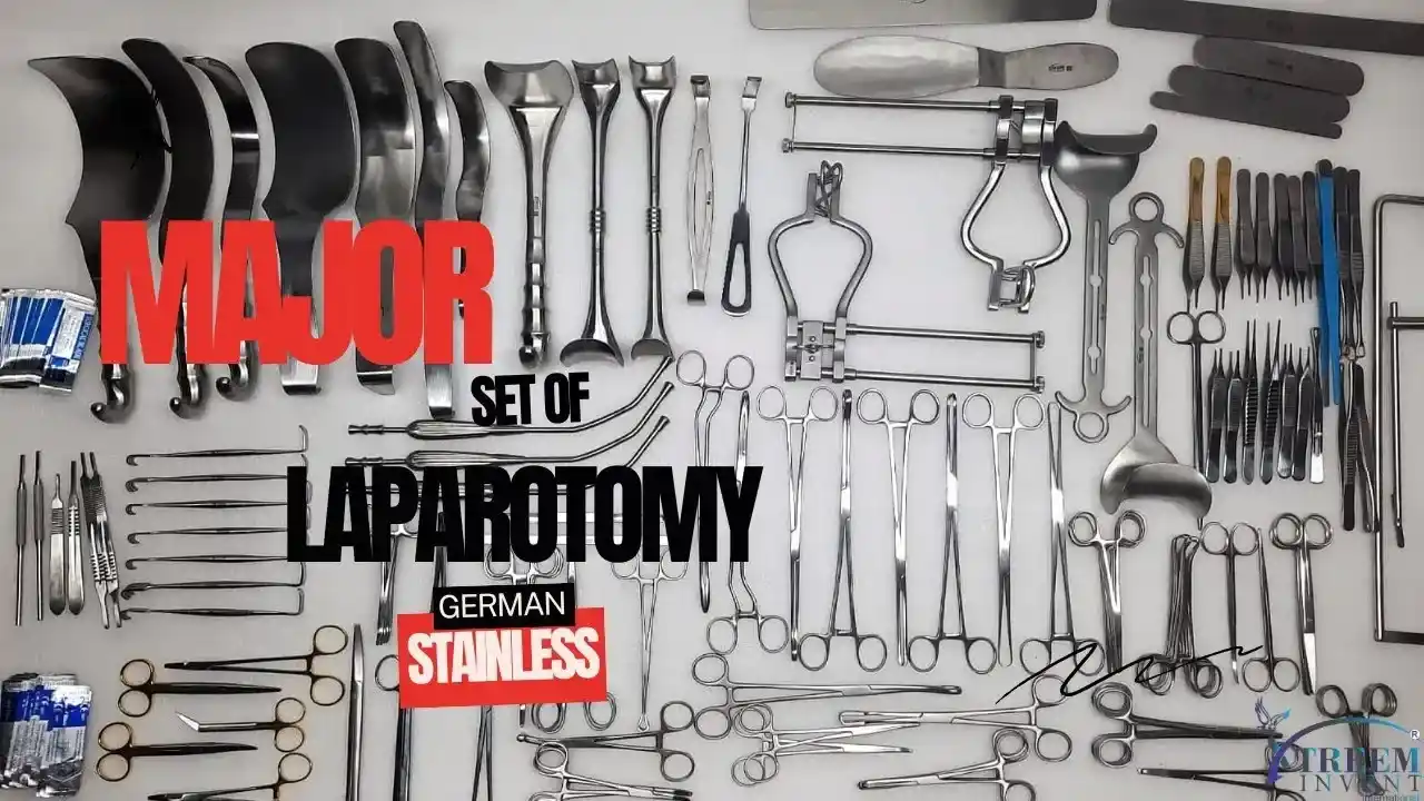 A comprehensive medical-grade Xtreem German stainless steel major laparotomy surgical instruments set arranged flat on a white background, featuring retractors, forceps, clamps, and scissors.