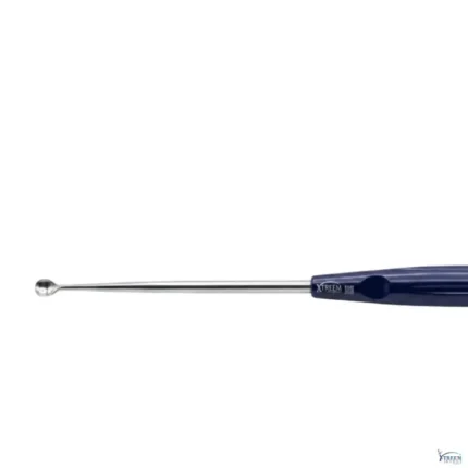 Xtreem surgical micro spoon curette with a stainless steel tip and a blue ergonomic handle, isolated on a white background.