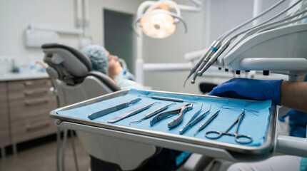 Dental specialist holding a tray of stainless steel dental surgical instruments including extraction forceps and probes in a modern clinic setting.
