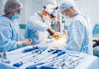 Professional surgical team performing an operation with high-grade stainless steel instruments and medical tools organized on a sterile tray.