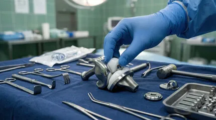 Surgical technician in blue gloves selecting professional orthopedic instruments and implants from a sterile blue tray containing a medical mallet and bone retractors.