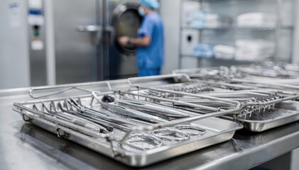 Complete stainless steel surgical instrument sets organized inside sterilization trays in a hospital CSSD department.